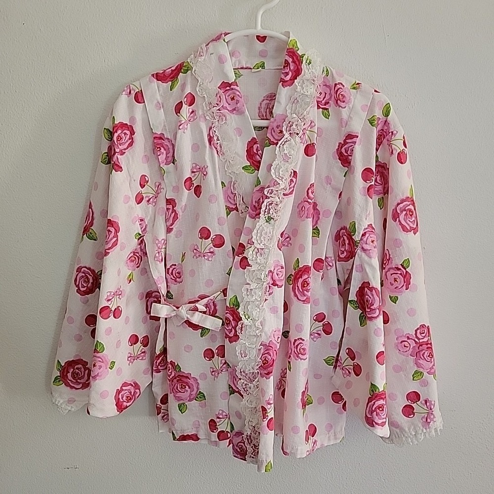 Yukata Girls 7-8 Kimono Top Rose Cherry‎ Print Japanese Botanical Retro Summer